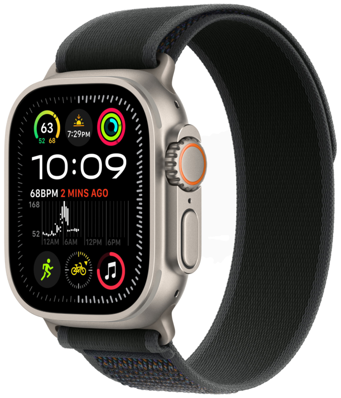 Фото Apple Watch Ultra 2 GPS + Cellular, 49 мм, корпус из бежевого титана, ремешок Trail чёрного цвета, размер S/M Фото Apple Watch Ultra 2 GPS + Cellular, 49 мм, корпус из бежевого титана, ремешок Trail чёрного цвета, размер S/M