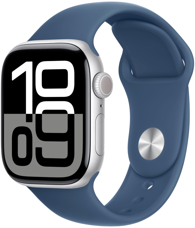 Фото Apple Watch Series 10, 42 мм, корпус из алюминия цвета серебристый, спортивный ремешок, размер M/L На фото изображено Apple Watch Series 10, 42 мм, корпус из алюминия цвета серебристый, спортивный ремешок, размер M/L
