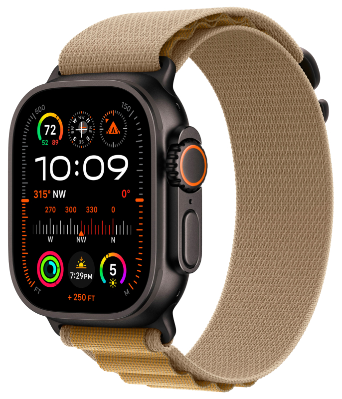 Фото Apple Watch Ultra 2 GPS + Cellular, 49 мм, корпус из черного титана, ремешок Alpine цвета «загар», размер L На фото изображено Apple Watch Ultra 2 GPS + Cellular, 49 мм, корпус из черного титана, ремешок Alpine цвета «загар», размер L