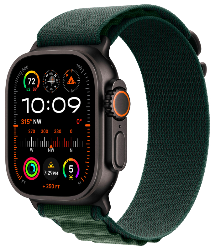 Фото Apple Watch Ultra 2 GPS + Cellular, 49 мм, корпус из черного титана, ремешок Alpine зеленого цвета, размер M Фото Apple Watch Ultra 2 GPS + Cellular, 49 мм, корпус из черного титана, ремешок Alpine зеленого цвета, размер M